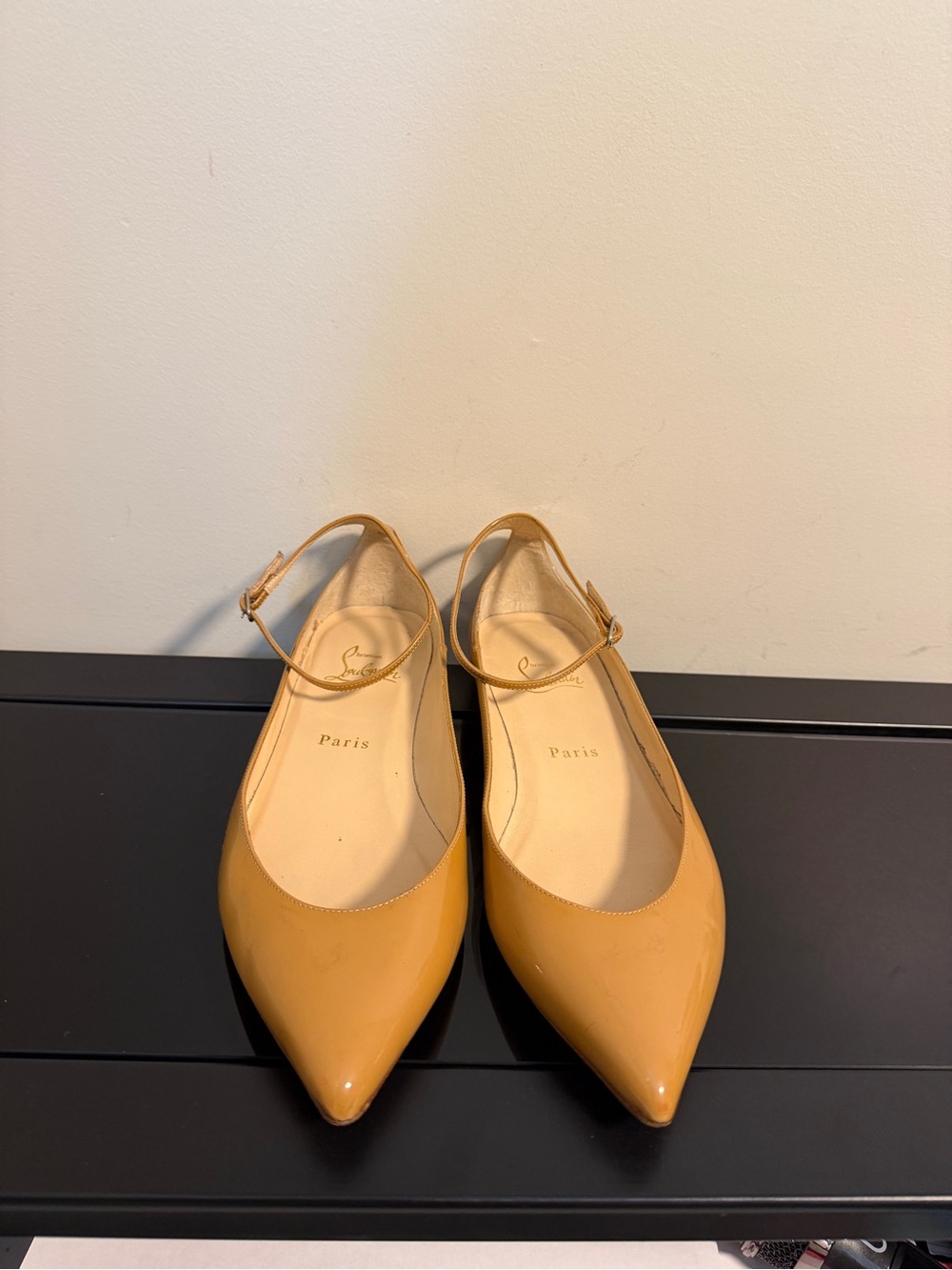 Christian Louboutin Mustard Patent Leather Pointed-Toe Slingback Flats 38